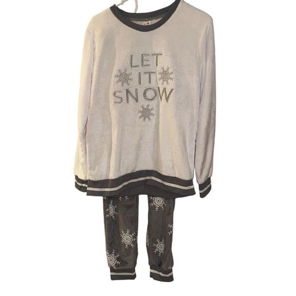 *NEW* Secret Treasures Wht/Gray Let It Snow Plush Pajama Set Ladies Large 12-14 - Picture 1 of 16